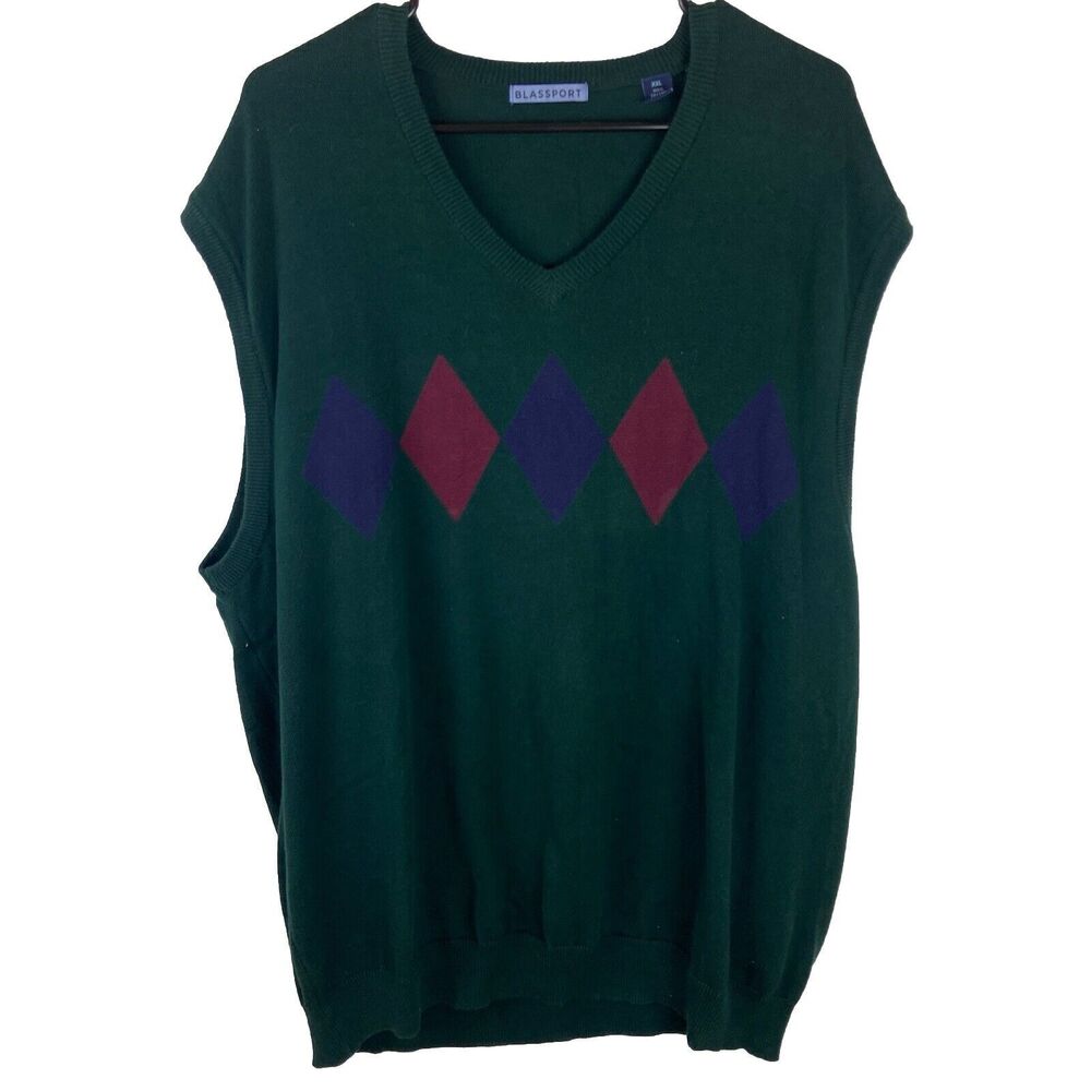 Vintage Blassport Mens Green Sweater Vest Diamond Pattern Cotton Size XXL